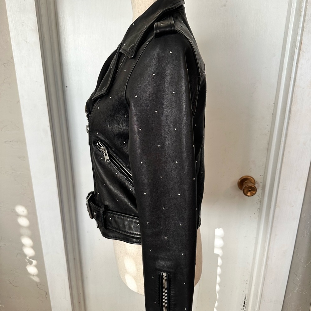 AllSaints Studded Balfern Black Sheep Leather Biker Moto Jacket Size 6 Womens - Picture 5 of 7